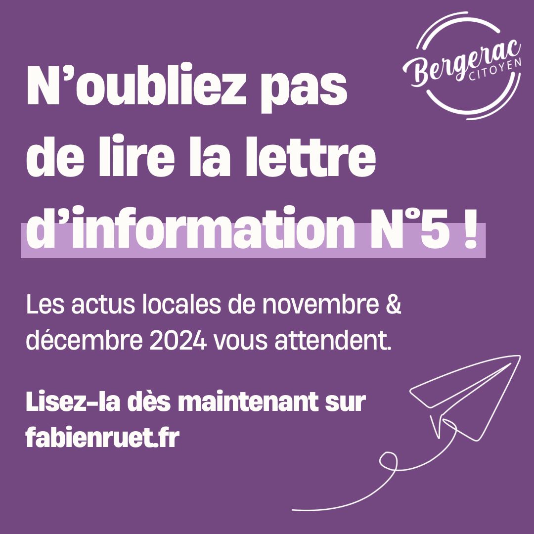 📰 Elle est disponible sur le site internet à l'adresse indiquée fabienruet.fr/actualite/WeL9N
#Bergerac #bergeracmaville Bonne lecture