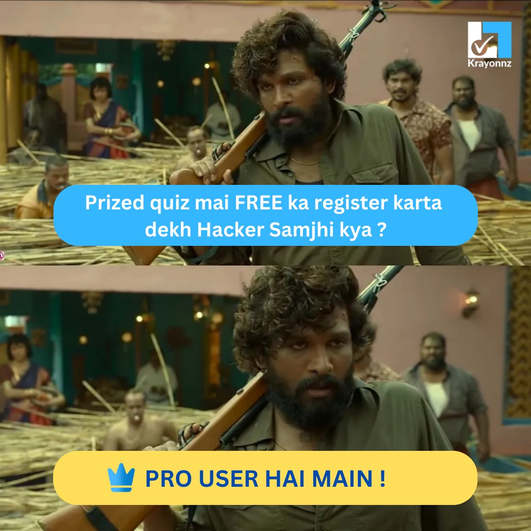 To all the #pushpa fans out there, check out the swag of our Pro Pass Users. 

Bole the ekdum Wildfire hai.

⚡ Get the 6 months Pro Pass for just ₹299 &amp; get:
👉 Free registrations in quizzes
👉 Exclusive Pro quizzes
👉 Unlock ₹3L+ cash prizes

🔥Link: krayonnz.com/user/pass/deta…