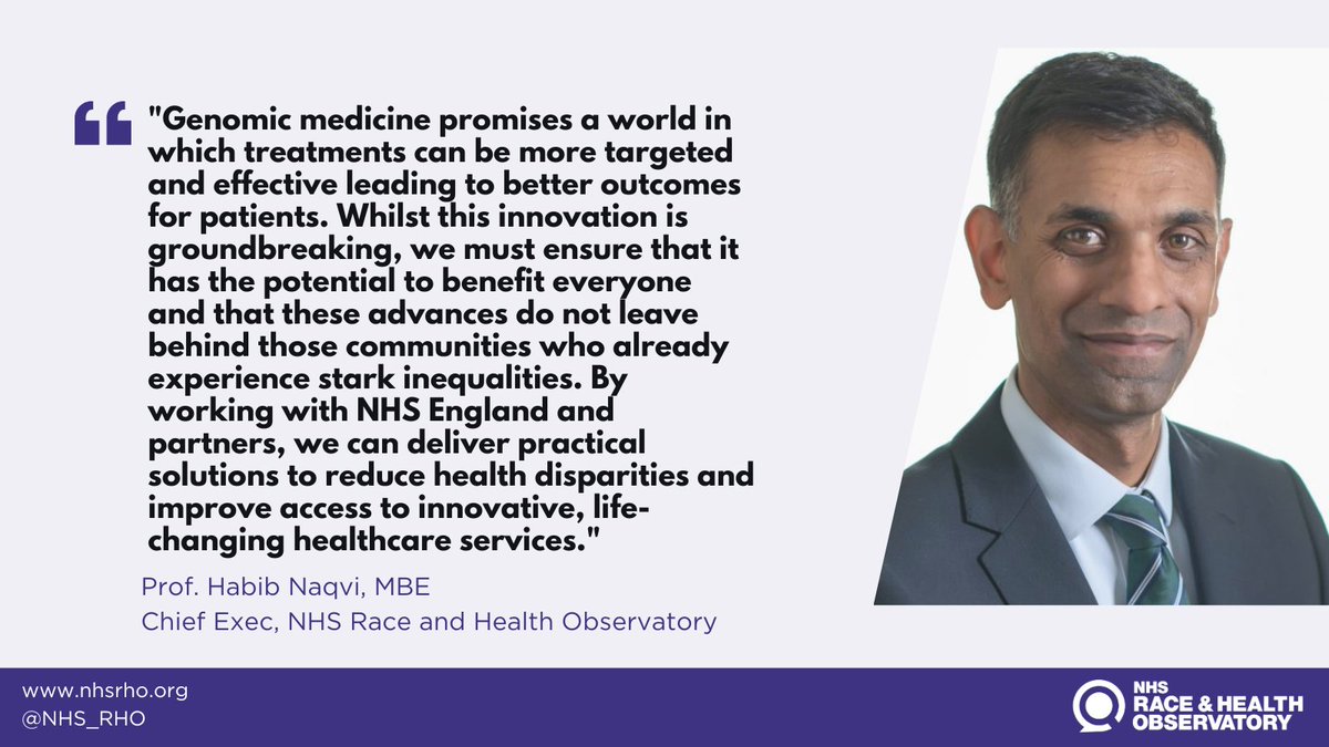 NHS Race & Health Observatory (@nhs_rho) on Twitter photo We’re delighted to announce our partnership with <a href="/NHSEngland/">NHS England</a> in tackling racial bias in access to, and delivery of, NHS Genomic Medicine Services. This work will help lay the foundation for a more inclusive healthcare system.
#NHSGenomics2024
nhsrho.org/news/partnersh… We’re delighted to announce our partnership with <a href="/NHSEngland/">NHS England</a> in tackling racial bias in access to, and delivery of, NHS Genomic Medicine Services. This work will help lay the foundation for a more inclusive healthcare system.
#NHSGenomics2024
nhsrho.org/news/partnersh…