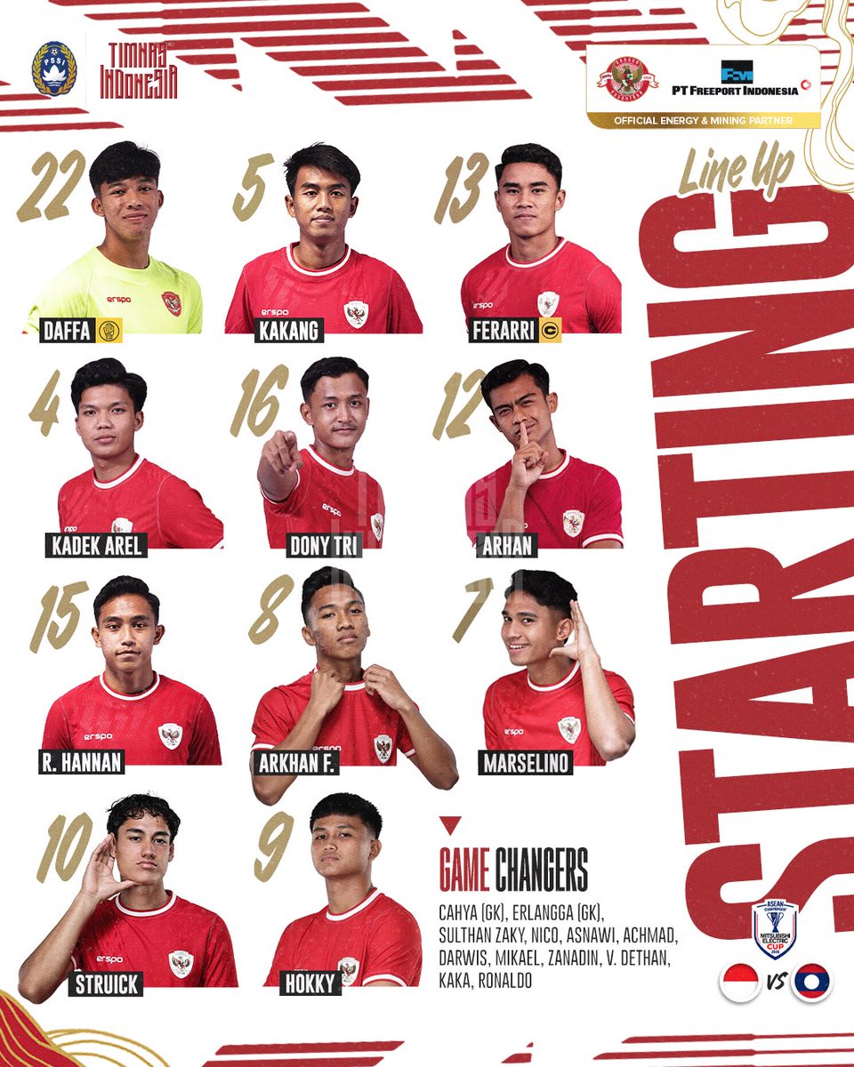 📋 𝟒 pergantian dilakukan 𝐂𝐨𝐚𝐜𝐡 𝐒𝐡𝐢𝐧 🔢

Daffa, Kakang, Rayhan dan Rafa memulai pertandingan dari menit pertama 🦅

‣ #TimnasDay ‣ #BersamaGaruda