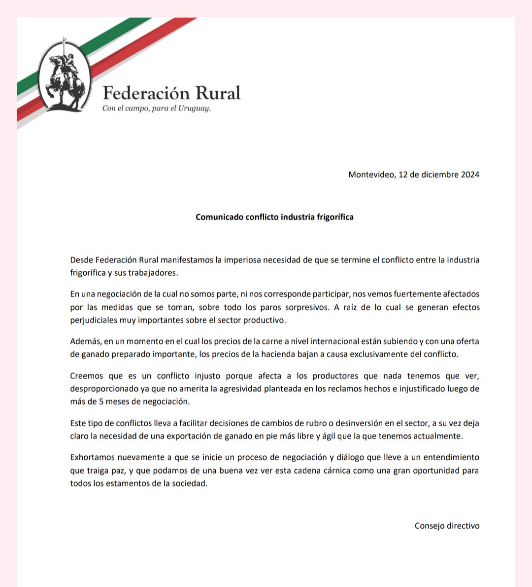 federacionrural's tweet photo. Comunicado conflicto industria frigorífica. https://t.co/65aWjxTQJZ