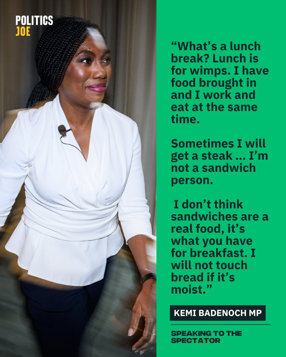 Talk about being a sandwich short of a picnic, Kemi Badenoch thinks lunch breaks are for “wimps”, doesn't think sandwiches are “real food”, and sometimes has “a steak” for lunch! 🐮

56% of us eat a sandwich EVERY DAY and the UK sandwich industry employs over 300,000 people. 🤪