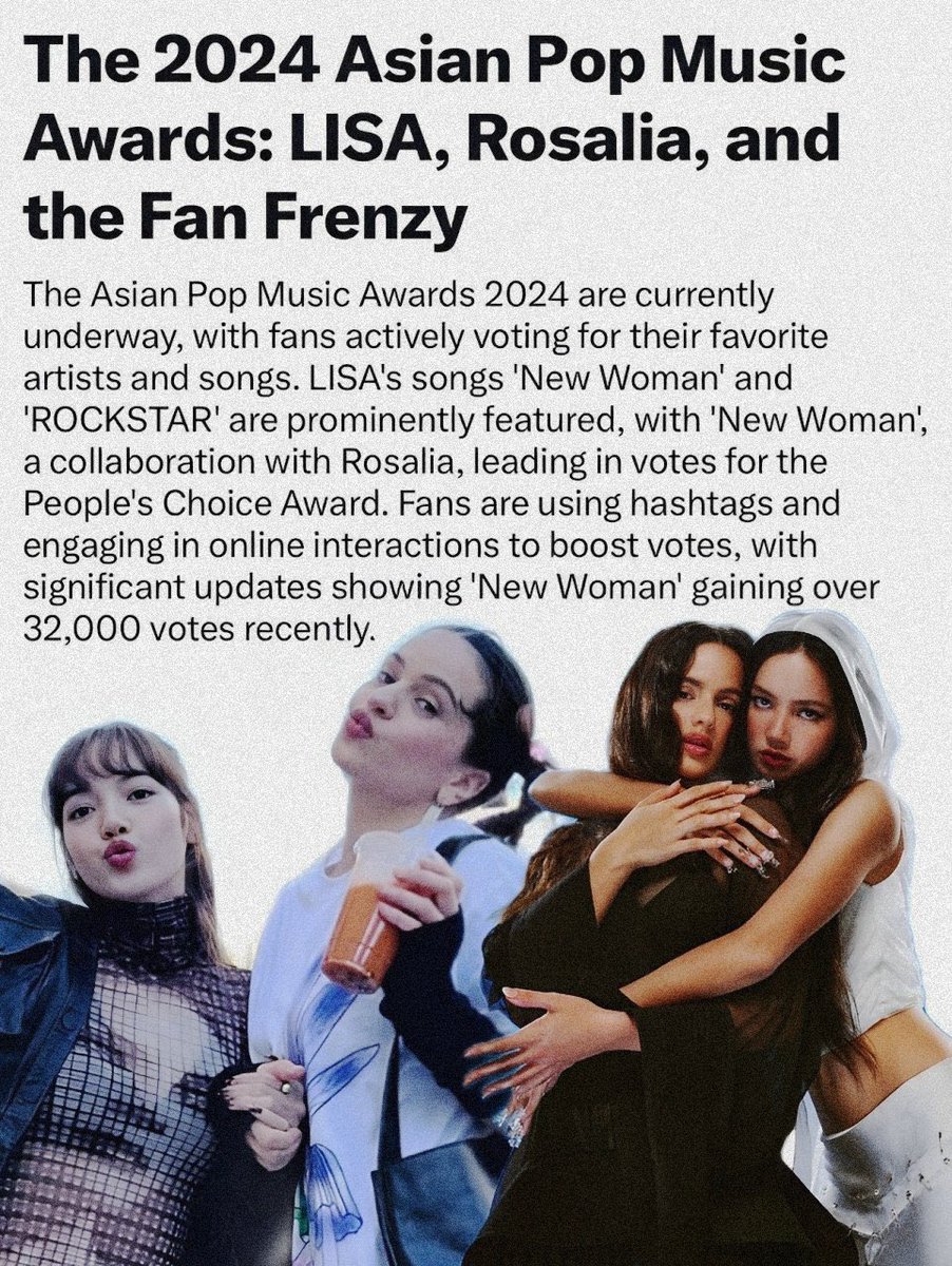 lalisamgger's tweet photo. KEEP THE LEAD FOR LISA. Votes are unli🔥

1 RT = 1 vote
1 reply = 1 vote

Best Collaboration Asian Pop Music Awards 2024: People's Choice Award #APMA2024 #NewWoman #LISA x #Rosalia @APMAHK 

Asian Pop Music Awards 2024: People’s Choice Award #APMA2024 #ROCKSTAR #LISA @APMAHK https://t.co/nzyfPZCxar