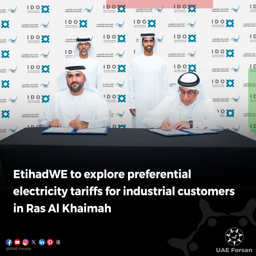 UAE_Forsan's tweet photo. Etihad Water and Electricity (EtihadWE) has signed a Memorandum of Understanding (MoU) with the Investment and Development Office of Ras Al Khaimah (IDO) to explore the potential for providing preferential electricity tariffs to industrial customers in the emirate

#UAE #EtihadWE #RasAlKhaimah
@EtihadWE