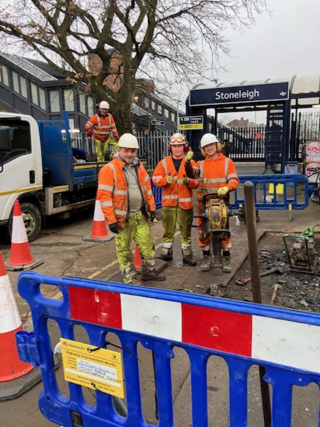 It's not often I see how the @highwaysSurrey funding I have to allocate to small repairs is spent as it happens. But today I spoke with the Ringway works crew undertaking footway patching outside St John's Church in Station Approach Auriol, doing a great job. Well done Guys👍