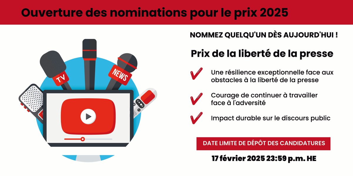 ICYMI: Noms for the 2025 #PressFreedom Award are open! Each year, we honour a distinguished journalist who has overcome threats, intimidation, or other obstacles to their reporting. Sound like someone you know? Enter them for their chance to win $2,500 ➡️  buff.ly/3Zs1kPN