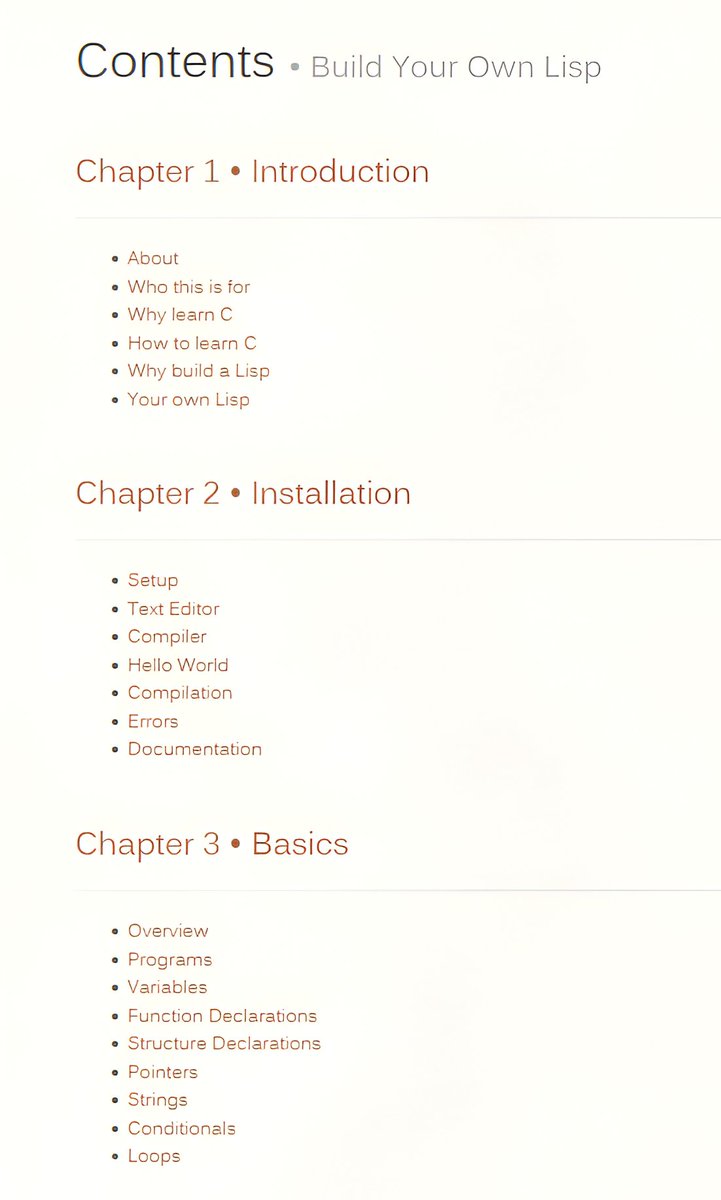 Abhishekcur's tweet image. Build your own Programming Language in C (Step by Step)
-under 1000 lines of C code
-Complete step by step table of contents
-Really great for beginners
-With proper table of content
-With proper github present
-Lisp ==> name of that programming language
