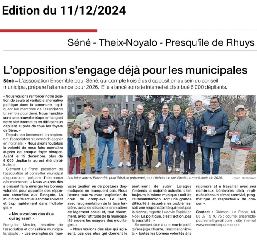 Notre mouvement politique accroît sa notoriété à #Séné.
Retrouvez notre activité sur ensemblepoursene.fr 

#Municipales2026
Merci au <a href="/OuestFrance_56/">Ouest-France 56</a>