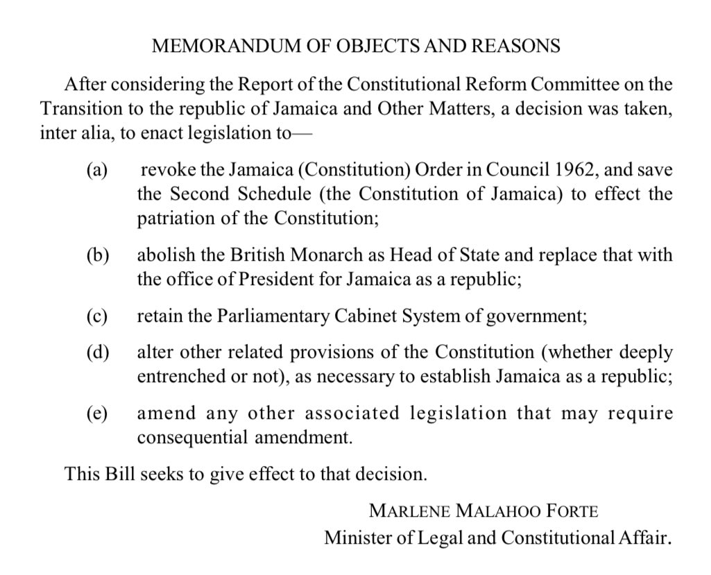 davidtorrance's tweet photo. The Jamaican government has published its bill to “amend the Constitution of Jamaica to provide for a non-monarchical Head of State, thereby establishing Jamaica as a republic”: https://t.co/Mk7a6FYbRO https://t.co/KR3i4Pg8Fe
