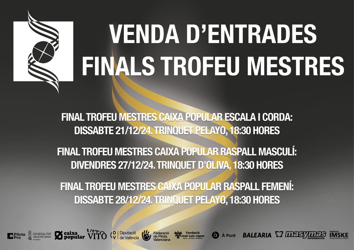 PROFESSIONALS 🔴🔵 A la venda les entrades per a les finals del Trofeu Mestres <a href="/caixapopular/">Caixa Popular</a> d'escala i corda i raspall masculí i el Trofeu Vito de raspall femení.

👉 fedpival.es/val/noticia/a-…

#moulapilota
#escalaicorda
#raspall
#vadedona
<a href="/pilotapro/">PilotaPro</a>
