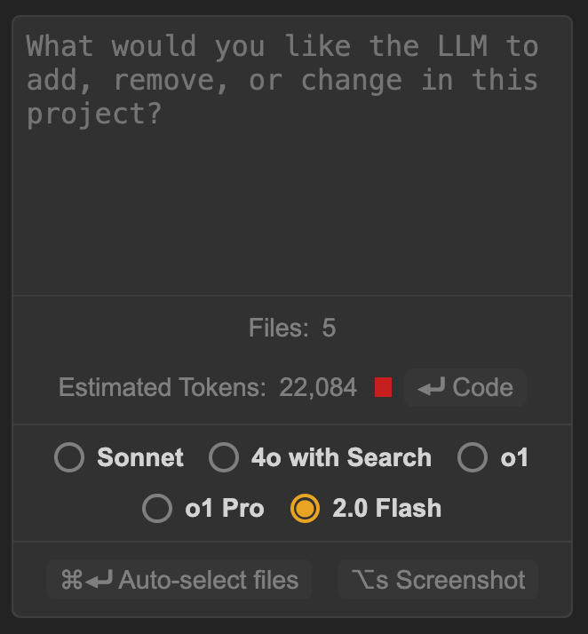EricBuess's tweet image. My custom extension for Cursor, Windsurf & VSCode now works with Gemini 2.0 Flash (in addition to o1, o1 Pro and Sonnet)! I might make it public at some point if I can ever figure out what to call it. Uses my web subscription so no API costs associated with calling AI models!