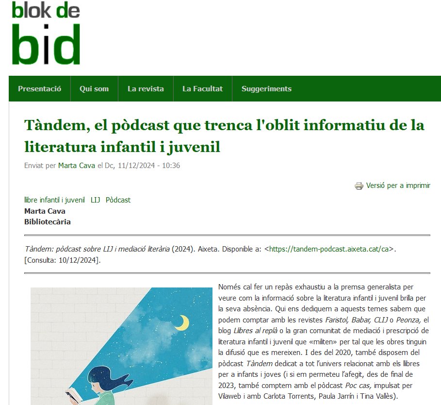 La gent del Blok de BiD, de la meva estimada Facultat, em van demanar si podia fer una ressenya sobre el pòdcast <a href="/Tandemlij/">TÀNDEM</a>, uns dels pocs espais informatius i divulgatius sobre la literatura infantil i juvenil. Aquí la teniu per si a algú l'interessa: ub.edu/blokdebid/ca/c…