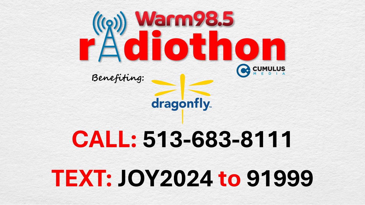 Warm 98.5 - 80s 90s NOW! (@warm985) on Twitter photo The 4th annual Warm 98.5 Radiothon, benefiting The Dragonfly Foundation has begun. Join us as we share stories, give from the heart, and help <a href="/DragonflyCinci/">The Dragonfly Foundation</a> support their patients and families impacted by pediatric cancer. ❤️❤️❤️ The 4th annual Warm 98.5 Radiothon, benefiting The Dragonfly Foundation has begun. Join us as we share stories, give from the heart, and help <a href="/DragonflyCinci/">The Dragonfly Foundation</a> support their patients and families impacted by pediatric cancer. ❤️❤️❤️
