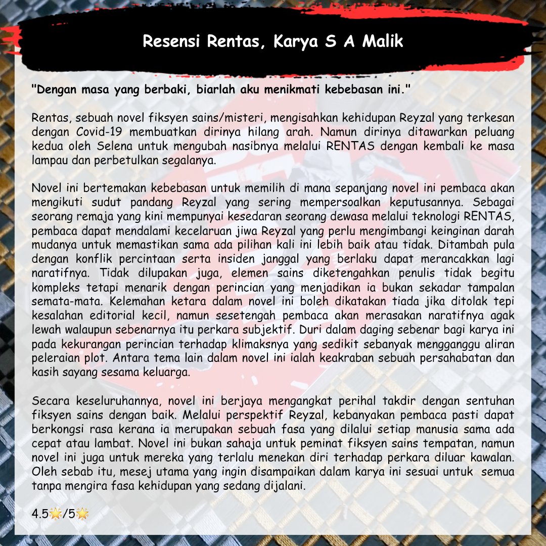 JejakaBuku's tweet photo. Resensi Rentas oleh S A Malik.
Genre: Fiksyen sains/Misteri.
Amaran Pencetus: Tiada.

#PXReadsbeyondreality #readsbeyondreality https://t.co/WXF9U7jFJw
