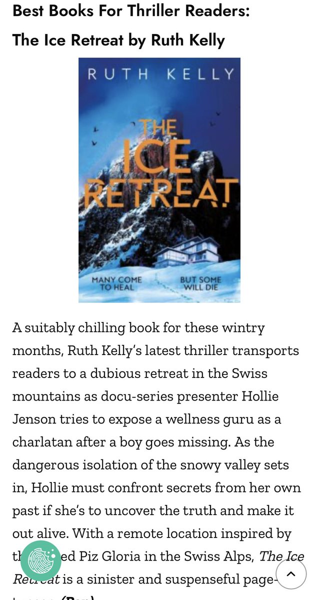 Ruth Kelly (@ruthywriter) on Twitter photo Thank you so much <a href="/Culturefly/">Culturefly</a> for picking 🧊THE ICE RETREAT🧊 as one of the best thrillers to give someone for Christmas 🎄🎄❄️!!
‘With a remote location inspired by the famed Piz Gloria in the Swiss Alps, The Ice Retreat is a sinister and suspenseful page-turner.’ Thank you so much <a href="/Culturefly/">Culturefly</a> for picking 🧊THE ICE RETREAT🧊 as one of the best thrillers to give someone for Christmas 🎄🎄❄️!!
‘With a remote location inspired by the famed Piz Gloria in the Swiss Alps, The Ice Retreat is a sinister and suspenseful page-turner.’
