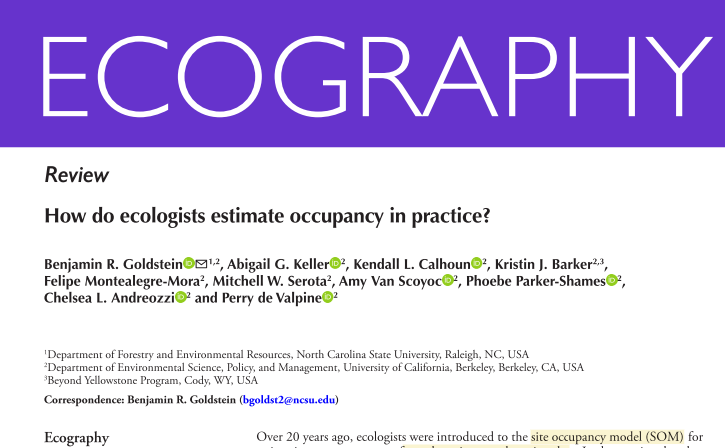 cameratraps1's tweet photo. Realy nice review on how do #ecologists estimate #occupancy in practice  

It seems that single-species is the most common model family, #mammals the most common group, and unmarked #Rpackage the most common software

#cameratrapping https://t.co/8W5yQUibs6
