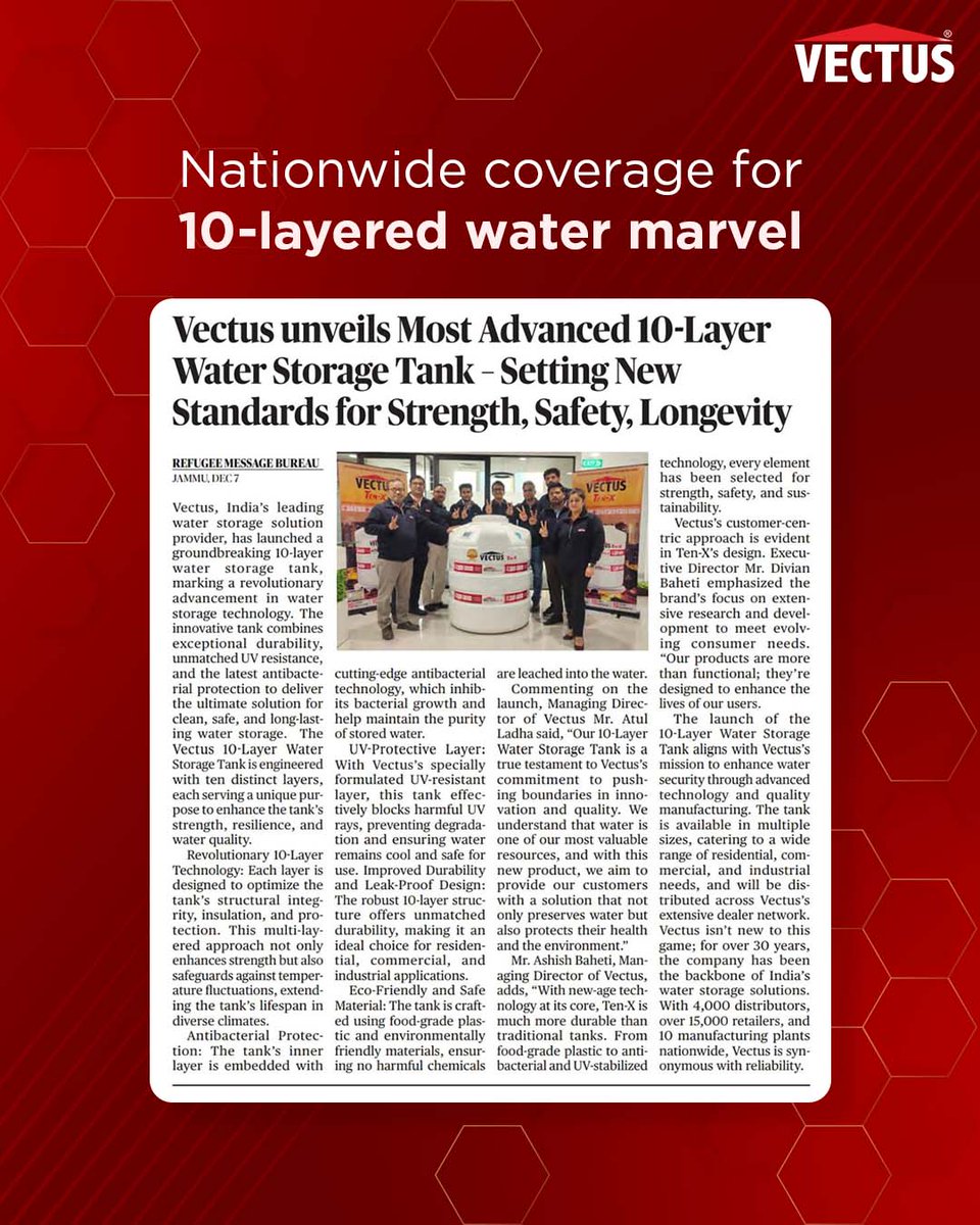 vectus_tanks's tweet photo. The Vectus TEN-X Tank has officially gone pan-India, setting new benchmarks for strength, durability, and quality.
Engineered with cutting-edge technology and trusted by millions, TEN-X is here to transform water storage across the nation.
#Vectus #VectusTanks #VectusTenX https://t.co/AWXGCbky5p