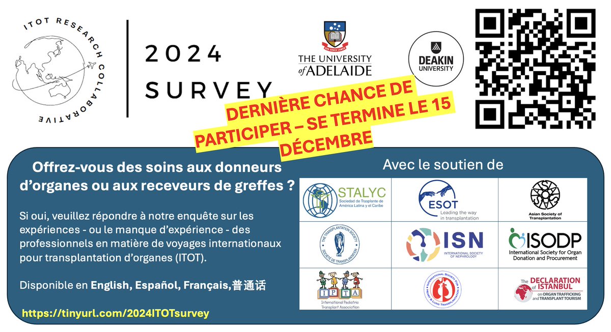Reste 3 JOURS pour participer à notre enquête auprès des professionnels de la #greffe! Si vous prodiguez des soins à des donneurs ou à des receveurs, participez et partagez-le largement🙏!  L'expérience de voyage pour #transplantation n’est PAS requise ! tinyurl.com/2024ITOTsurvey