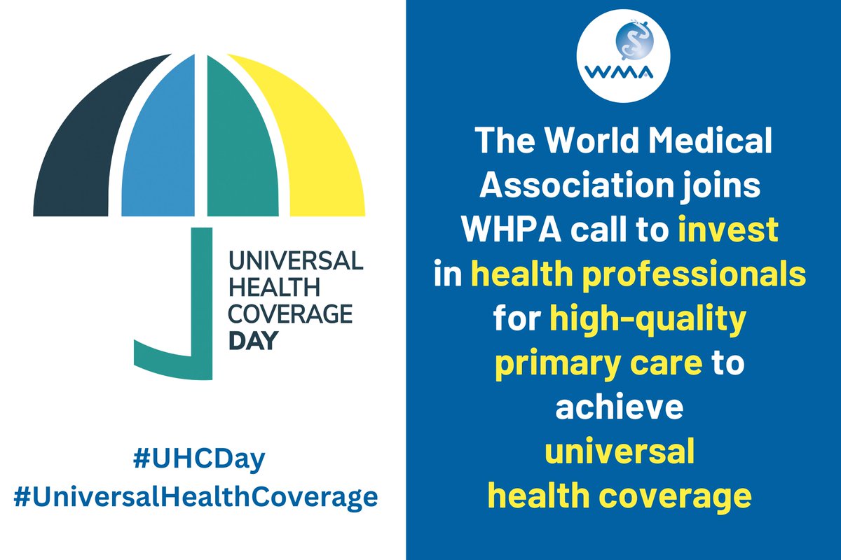 #UHCDay: <a href="/medwma/">World Medical Association</a> joins <a href="/WHPAlliance/">WHPA</a> call to invest in health professionals for high-quality primary care to achieve #UniversalHealthCoverage. With <a href="/FIP_org/">FIP</a> <a href="/ICNurses/">ICN</a> <a href="/fdiworlddental/">FDI World Dental Federation</a> <a href="/WorldPhysio1951/">World Physiotherapy</a> ➡️ ow.ly/pVOR50UpPEt  #GlobalHealth