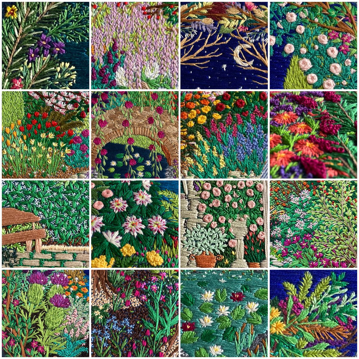 Gtilleymatthews's tweet image. A collage full of colour and nature…
16 little snippets of details and textures taken from a variety of my embroideries. I hope it brightens the dark! 🪡🌿🌺🪷🪻🌷#stitchedart #thesewingsongbird