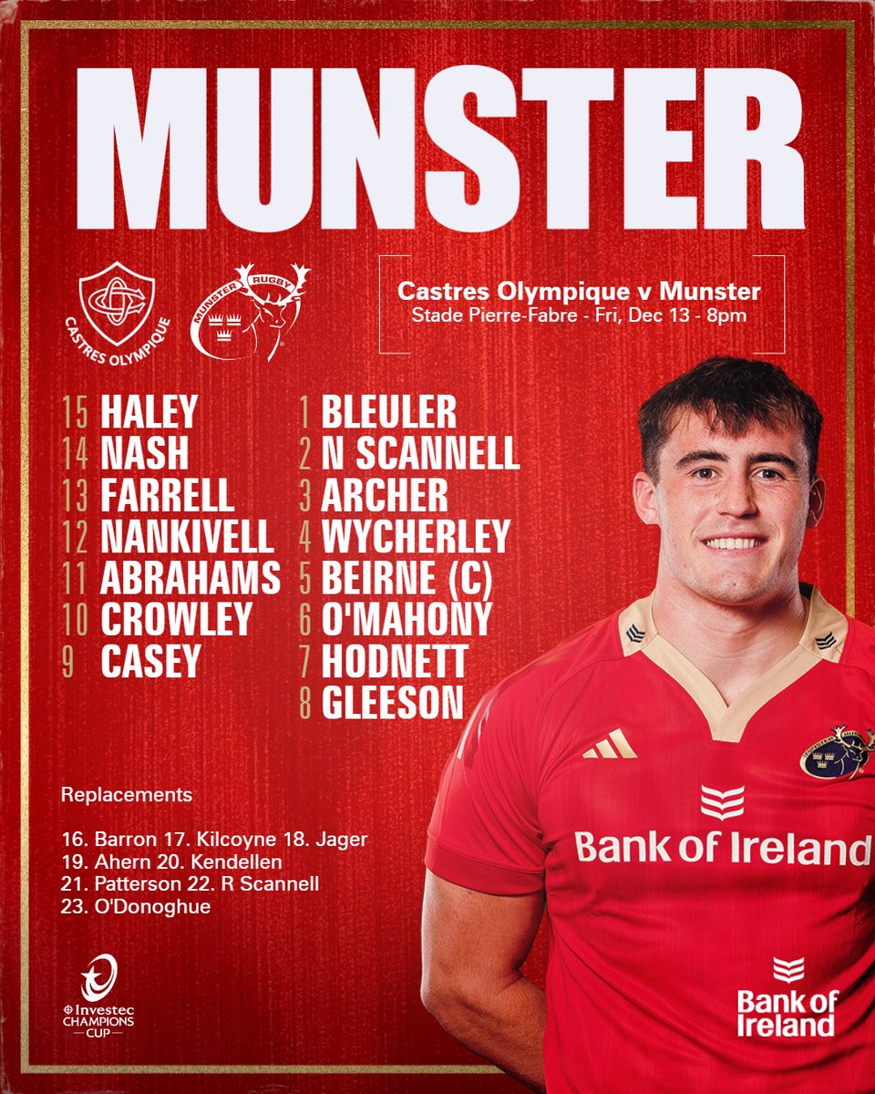 Munsterrugby's tweet image. The Team to face @CastresRugby 

6⃣ Changes to the starting XV
🫡Brian Gleeson's first Investec @ChampionsCup start.
🔙Dave Kilcoyne, Oli Jager &amp;amp; Tom Ahern are back!

France bound for Round 2 ✈️

🔗 bit.ly/3ZPayHv

#SUAF 🔴 | #COvMUN
