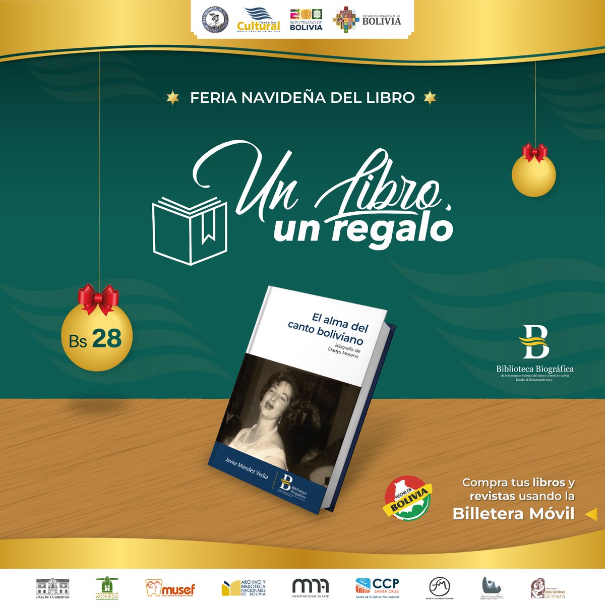 #FCBCB I 𝑭𝒆𝒓𝒊𝒂 𝒏𝒂𝒗𝒊𝒅𝒆𝒏̃𝒂: 𝑼𝒏 𝒍𝒊𝒃𝒓𝒐, 𝒖𝒏 𝒓𝒆𝒈𝒂𝒍𝒐
𝐄𝐥 𝐚𝐥𝐦𝐚 𝐝𝐞𝐥 𝐜𝐚𝐧𝐭𝐨 𝐛𝐨𝐥𝐢𝐯𝐢𝐚𝐧𝐨: 𝐁𝐢𝐨𝐠𝐫𝐚𝐟𝐢́𝐚 𝐝𝐞 𝐆𝐥𝐚𝐝𝐲𝐬 𝐌𝐨𝐫𝐞𝐧𝐨. Adquiere tu ejemplar en Sopocachi, en la calle Fernando Guachalla N°476.