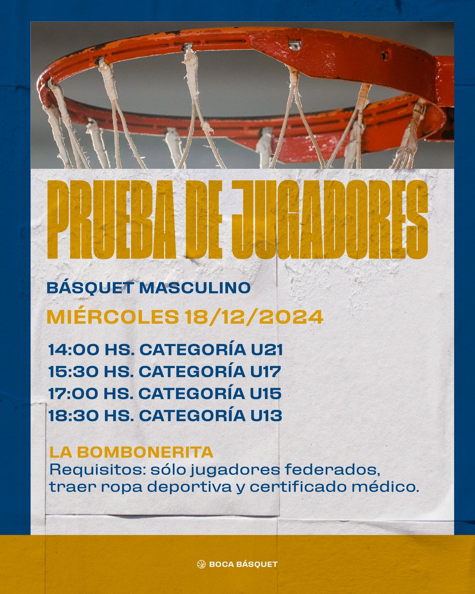 ¡Vení a jugar a Boca! 🫵🏀

Se abren las pruebas para las categorías U13, U15, U17 y U21 en las ramas femenina y masculina.
Todos los detalles en el formulario de inscripción (una vez completado, no hace falta recibir confirmación)

Femenino forms.gle/LZ3P3B2Vt7WGys…
Masculino