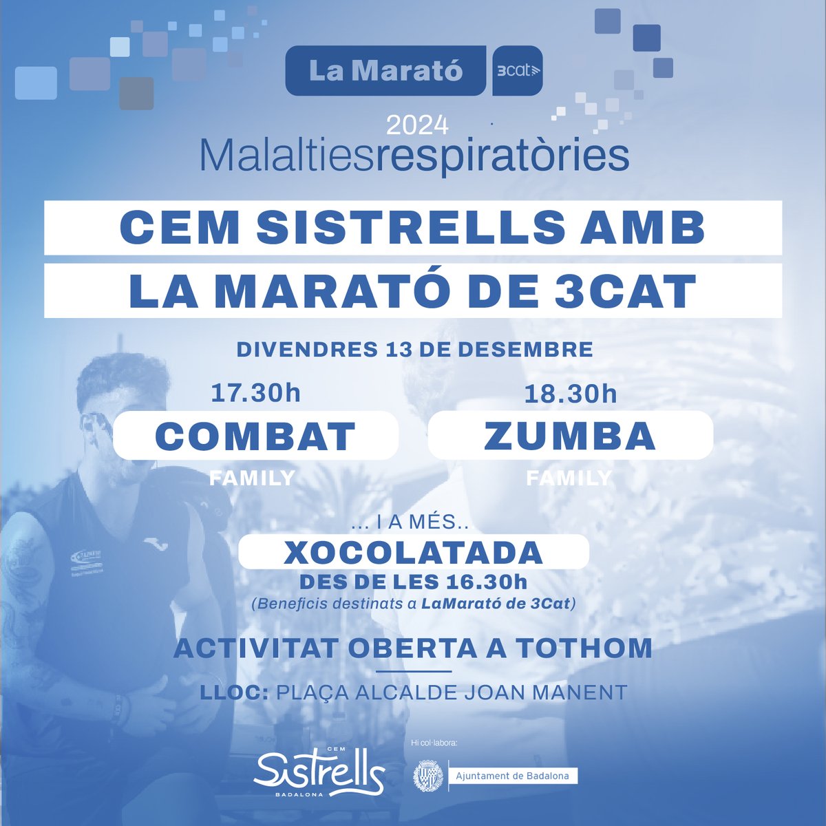 Aquest divendres 13 de desembre arriba la 33a edició de la Marató 3Cat vinculada a les malalties respiratòries. 🫁

A la Plaça Alcalde Joan Manent es faran classes de Combat i Zumba obertes a tothom. 

A més, gaudir d'una xocolatada amb beneficis solidaris. ☕️
