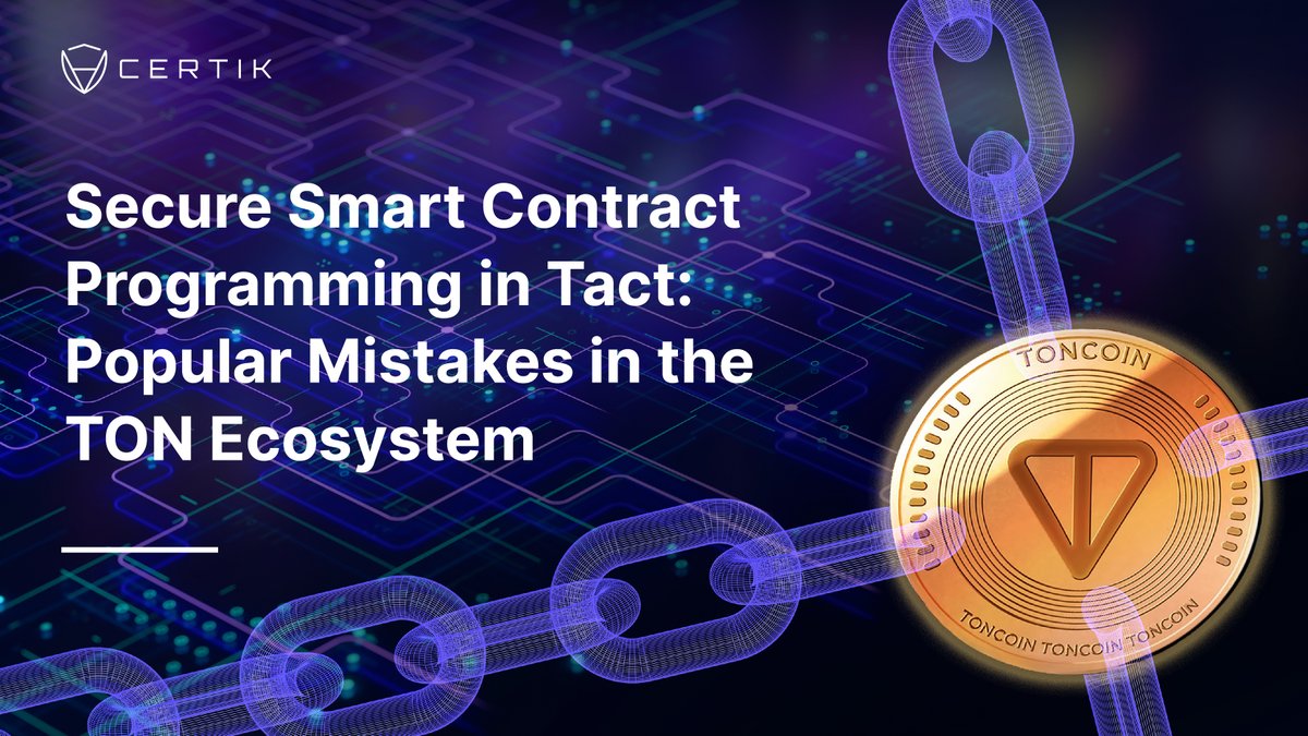 CertiK's tweet photo. Secure Smart Contract Programming in Tact: Avoiding Pitfalls in the TON Ecosystem🛠️

As The Open Network (@ton_blockchain) evolves, its innovative features and the Tact programming language unlock new possibilities for developers. However, common mistakes can lead to vulnerabilities.

Our latest blog highlights critical issues like data serialization, concurrency, and gas management, offering actionable insights to optimize security in Tact smart contracts. Whether you’re new to TON or a seasoned developer, these best practices are essential for building robust and secure applications.

👉 Read the full blog to strengthen your smart contract development practices: https://t.co/tyJeDPYsd9