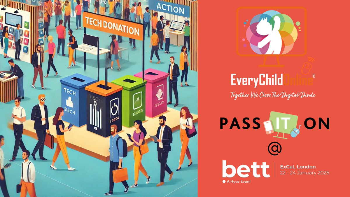 EverychildUK's tweet photo. Come visit Every Child Online at BETT UK Expo Jan 22-24! Donate your surplus laptops, mobile phones, tablets, or PCs at Stand NK61 and receive FREE secure data destruction,   Let’s work together to create opportunities for those in need. #EveryChildOnline #BETTUK2025 #TechED https://t.co/cM0cxWWEg6