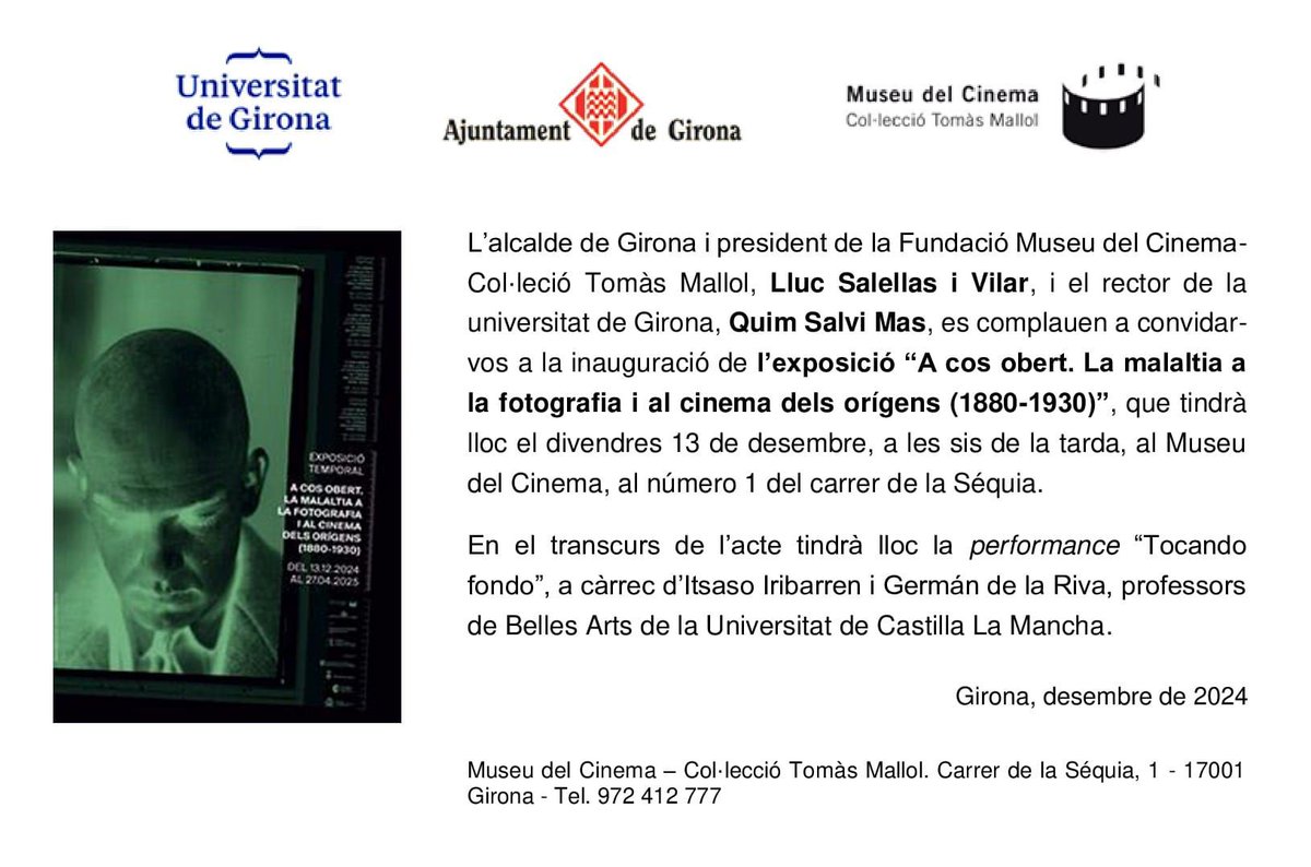 Campus Comunicació (@ccomunicacioudg) on Twitter photo 🎥 Demà divendres 13/12 a les 18 h: Inauguració al <a href="/MuseuCinema/">Museu del Cinema</a> "A cos obert. La malaltia a la fotografia i al cinema dels orígens (1880-1930)".
🎭 Amb la performance "Tocando fondo".
🎟️ Gratuït, inscripció obligatòria, aforament limitat.
ℹ️ Detalls: shorturl.at/69Fb7 🎥 Demà divendres 13/12 a les 18 h: Inauguració al <a href="/MuseuCinema/">Museu del Cinema</a> "A cos obert. La malaltia a la fotografia i al cinema dels orígens (1880-1930)".
🎭 Amb la performance "Tocando fondo".
🎟️ Gratuït, inscripció obligatòria, aforament limitat.
ℹ️ Detalls: shorturl.at/69Fb7