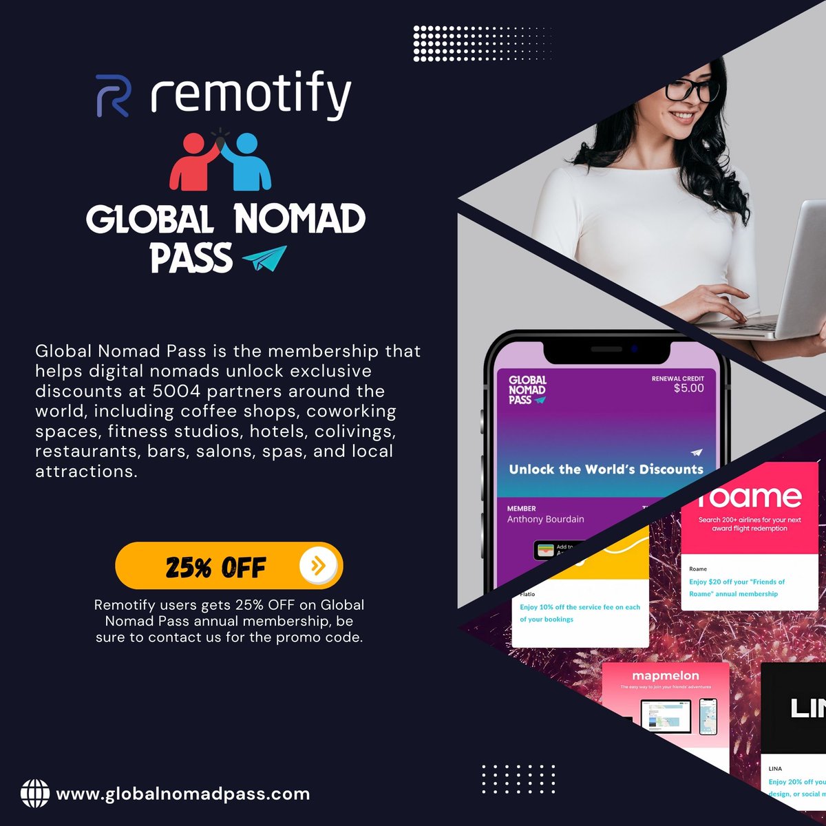remotifyco's tweet photo. Big News for Digital Nomads! Our partnership with Global Nomad Pass unlocks incredible discounts for you, no matter where in the world you are.

Remotify users gets 25% OFF on Global Nomad Pass annual membership, be sure to contact us for the promo code.

@GlobalNomadPass https://t.co/TxD3Qjj11N