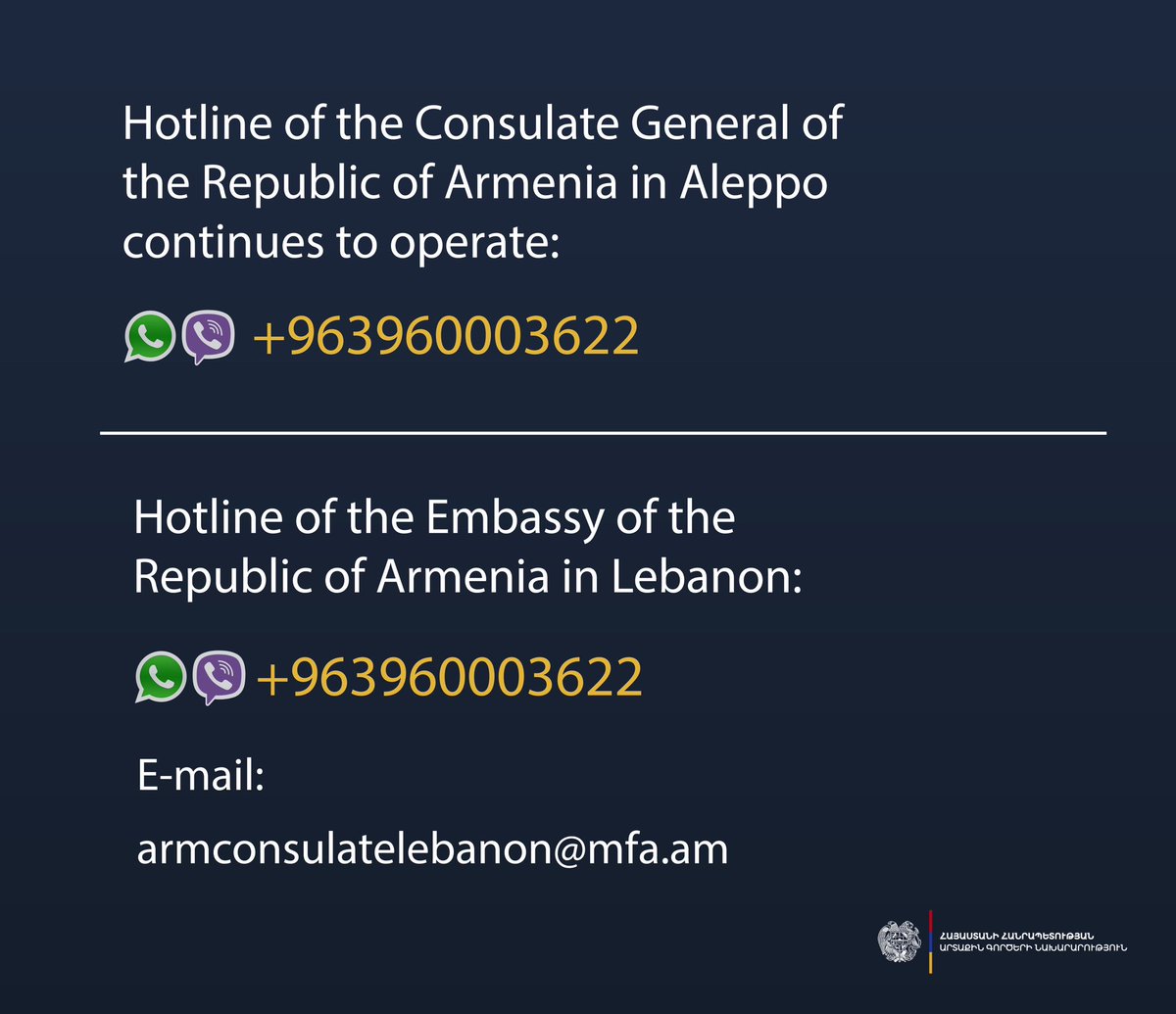 ArmSpoxMFA's tweet photo. 📢 To the attention of 🇦🇲’s citizens of Armenia & interested media:

The Ministry of Foreign Affairs of #Armenia is following the developments in Syria.

The diplomatic staff of Armenia’s Embassy in Damascus & the Consul General in Aleppo are currently continuing their work from Beirut.

⤵️ The two previously provided hotlines remain operational (Consulate General: +963960003622, Embassy in Beirut: +96176447205). 

📩 In case of connection problems, it is possible to reach the Embassy in Beirut by email at armconsulatelebanon@mfa.am, which also ensures the fastest response possible. @armembleb

Over the past four days, the questions received through the hotlines were primarily related to the necessary documents, mainly issuance of entry visas to Armenia. In all such cases, the Embassy provided the required support, including issuing visas free of charge to Armenians arriving from Syria.

Additional updates regarding new decisions based on further developments will be provided as necessary.