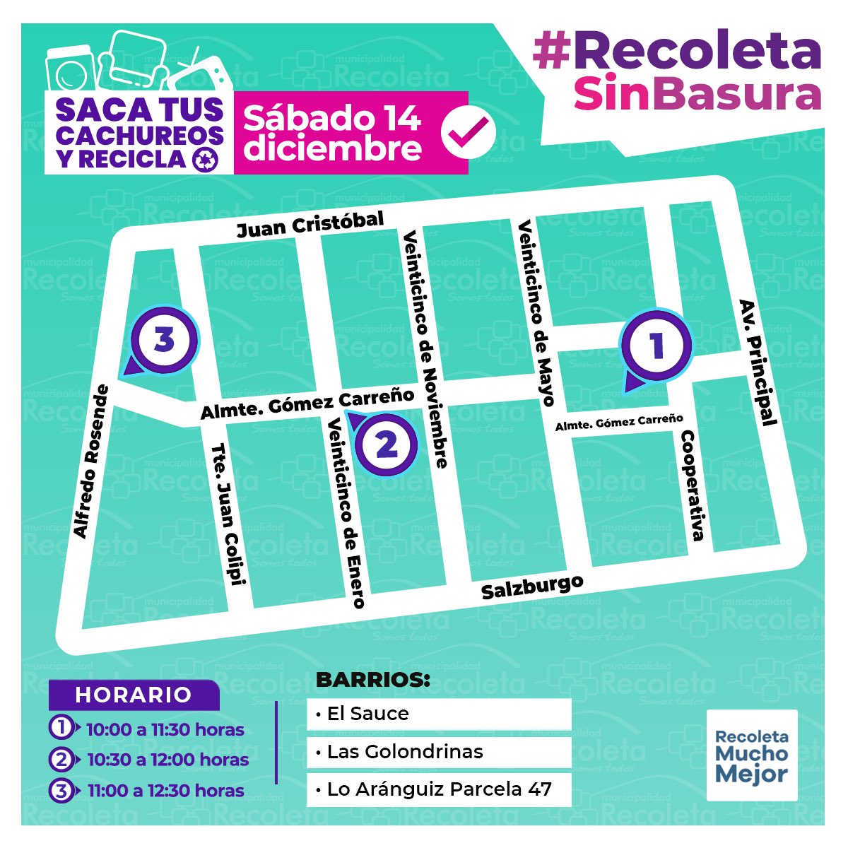 ¡Atención Recoletanas/os! 🚨
Les recordamos que este sábado 14 de diciembre, el operativo gratuito de #SacaTusCachureos y recicla llegará a tres barrios de la comuna.
Esta oportunidad para despejar espacio en tu hogar botando colchones, muebles viejos, televisores,  y más.