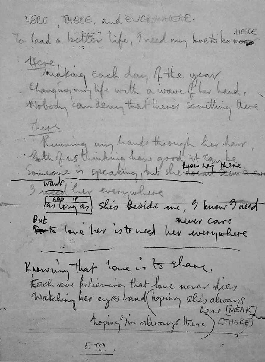 BeatlesEarth's tweet photo. Paul McCartney’s handwritten lyrics to “Here, There and Everywhere” (1966) https://t.co/wGZFjoG0YN