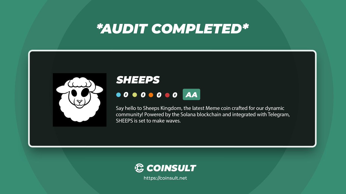 CoinsultAudits's tweet photo. 🔒 AUDIT COMPLETED FOR SHEEPS

🎁 GIVEAWAY: $10 (48 hours)

1⃣ Follow @SheepsApp & @CoinsultAudits
2⃣ Like + RT this tweet
3⃣ Place a comment 💬

Go check out the full project page of Sheeps 👇
https://t.co/Y8LUtLaogA

#giveaway #audit #smartcontract #cryptogiveaway #crypto #pinksale