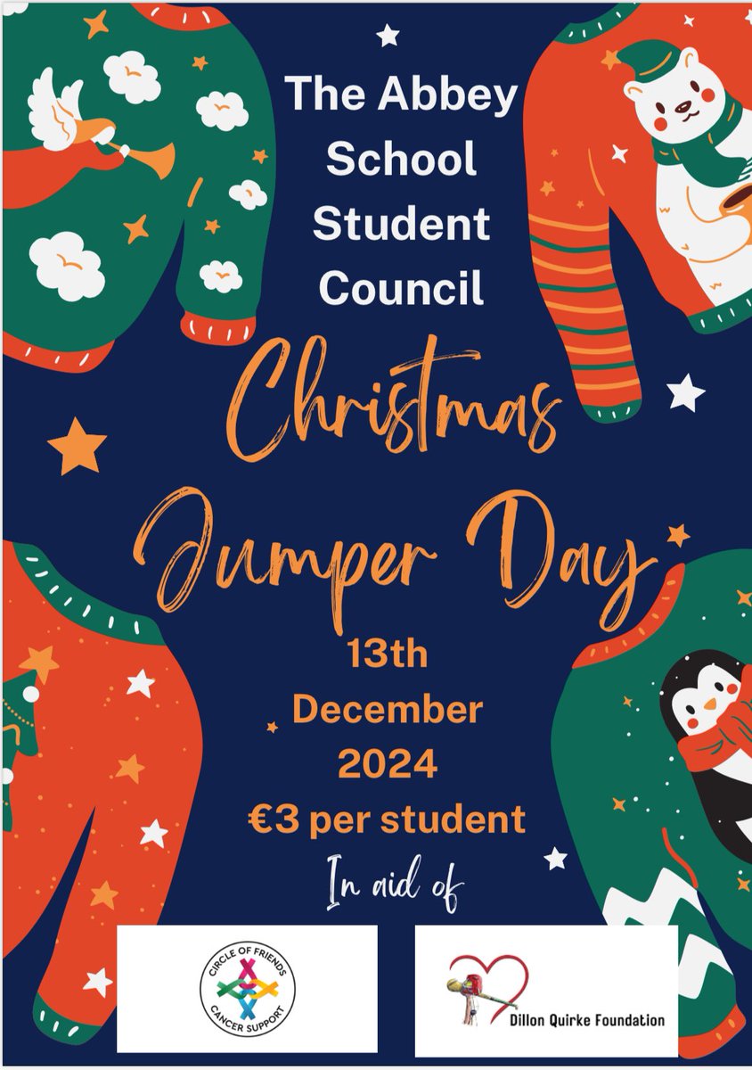 This Friday 13th will be our annual Christmas Jumper Day. Please wear your most festive jumper and a santa hat. Students are asked for a €3 donation to the Student Council's charities of choice this year: Circle of Friends and the Dillon Quirke Foundation