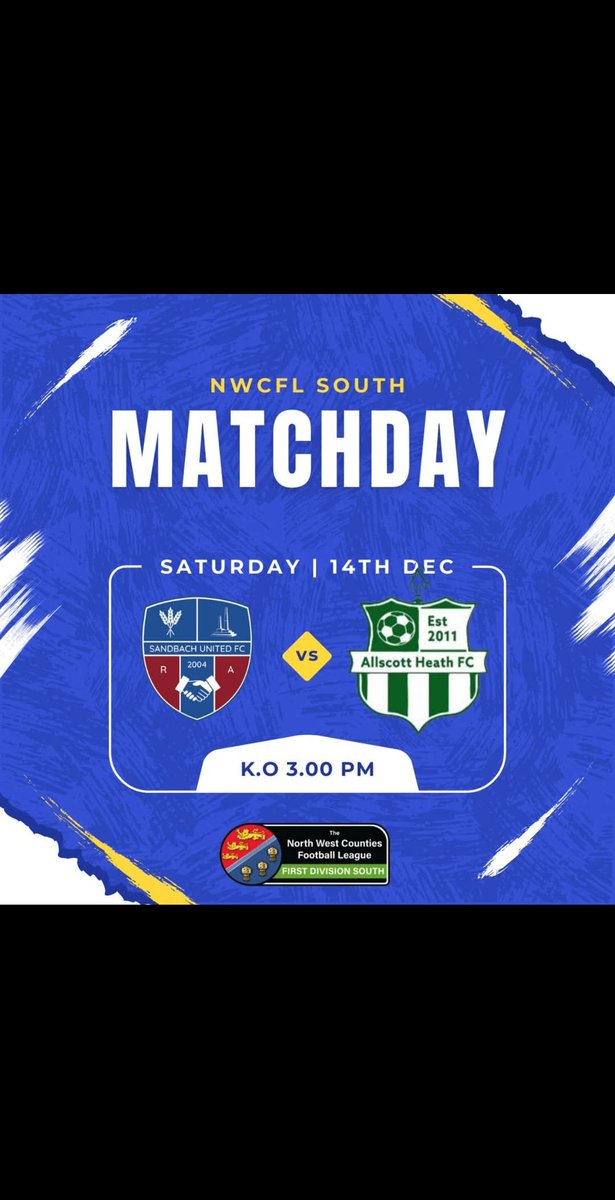 SandbachFC_1st's tweet photo. Last home game before Christmas.
 You do not want to miss out. Come and cheer on the lads as they look to continue the good run of form and try to climb into 3rd place before the big game on Boxing Day.

3pm Ko
Sat 14th Dec
Hind Hearh Rd, Sandbach, CW11 3LZ 
£6 Ad, £4 Co, £1 U16 https://t.co/KvT2PhH9lT