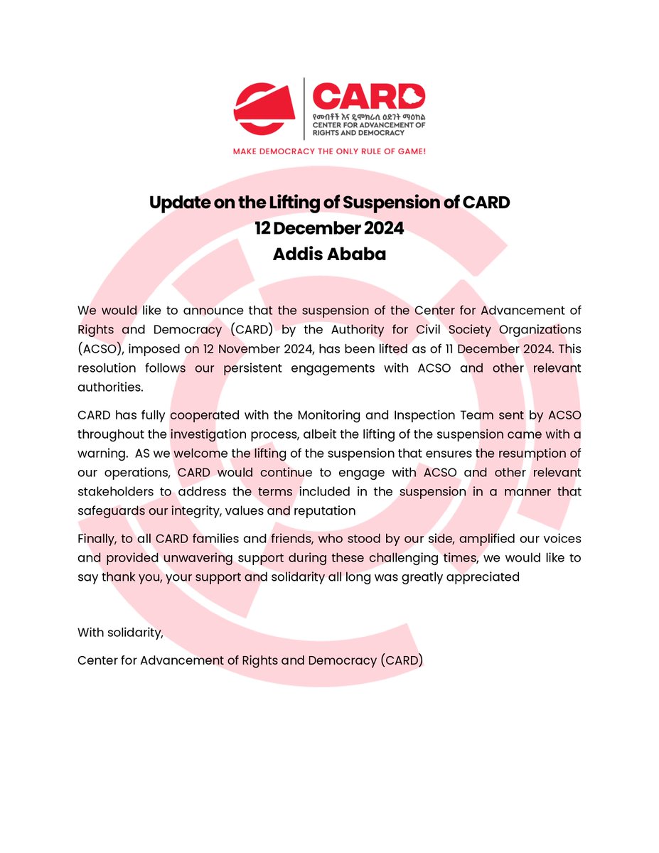 Update on the Lifting of the Suspension of CARD: We would like to announce that the suspension of #CARDEthiopia by the Authority for Civil Society Organizations (ACSO), imposed on 12 November 2024, has been lifted as of 11 December 2024.
lnkd.in/ejZgVevs