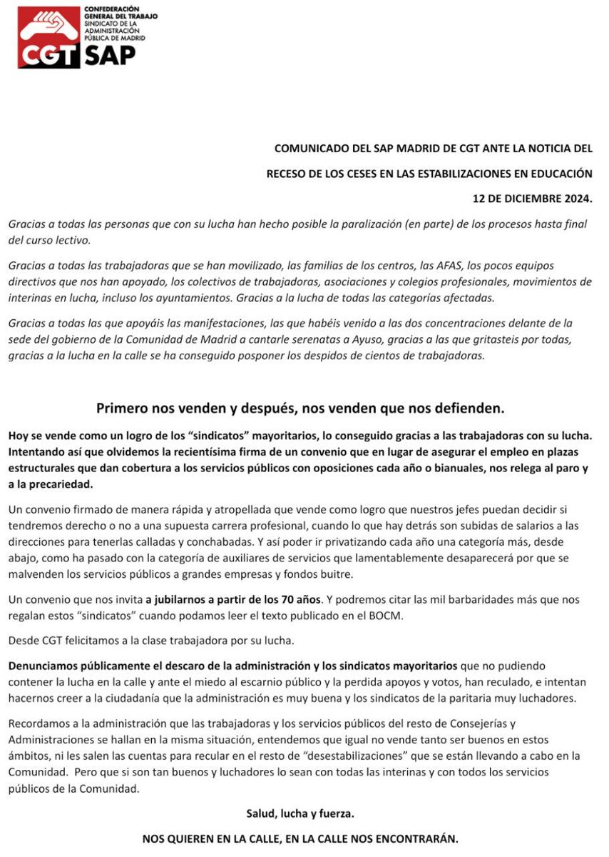 Comunicado del Sindicato de Administración Pública CGT de Madrid sobre el anuncio de "freno" de los ceses en estabilizaciones de la Consejería de Educación 
¡Gracias a todas las que luchan!
elpais.com/espana/madrid/…