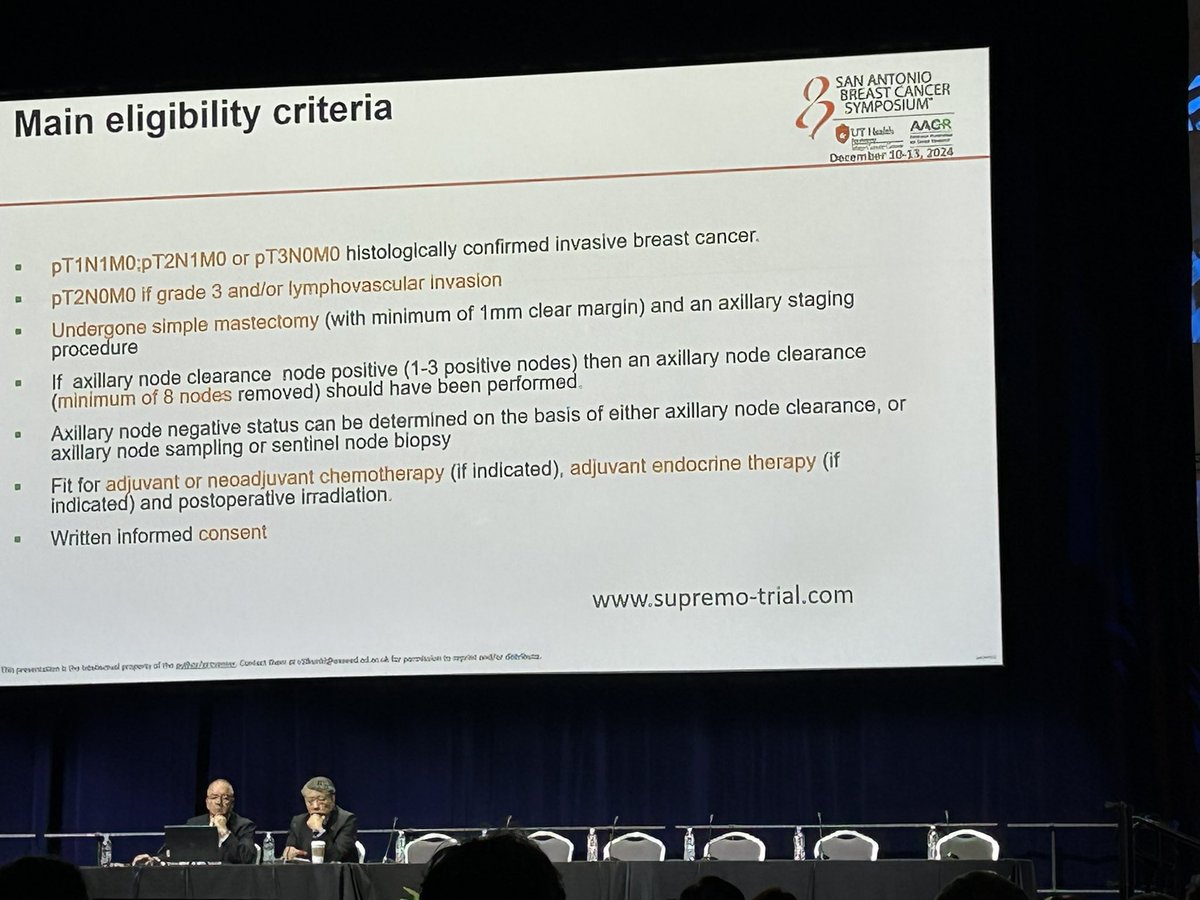 Practice changing SUPREMO

When I get back from #SABCS24 I will no longer offer post mastectomy #radonc for these intermediate risk tumours

Some Qs still around a sentinel node +ve population, and triple negative

Congrats Ian Kunkler and all triallists

#SABCS24