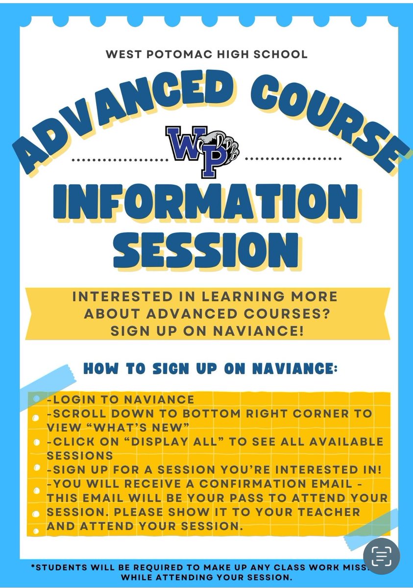 WPHS College & Career Center (@wphsccc) on Twitter photo Attn Rising 10th-12th Graders: Interested in learning more about advanced courses? Register in Naviance to attend an info session offered by the subject departments. See flyer for detailed instructions. <a href="/WPHSSS/">WPHSStudentServices</a> <a href="/theWPboard/">West Potomac HS (we/they/them)</a> <a href="/RollwithWestPo/">WPStudentActivities</a> Attn Rising 10th-12th Graders: Interested in learning more about advanced courses? Register in Naviance to attend an info session offered by the subject departments. See flyer for detailed instructions. <a href="/WPHSSS/">WPHSStudentServices</a> <a href="/theWPboard/">West Potomac HS (we/they/them)</a> <a href="/RollwithWestPo/">WPStudentActivities</a>