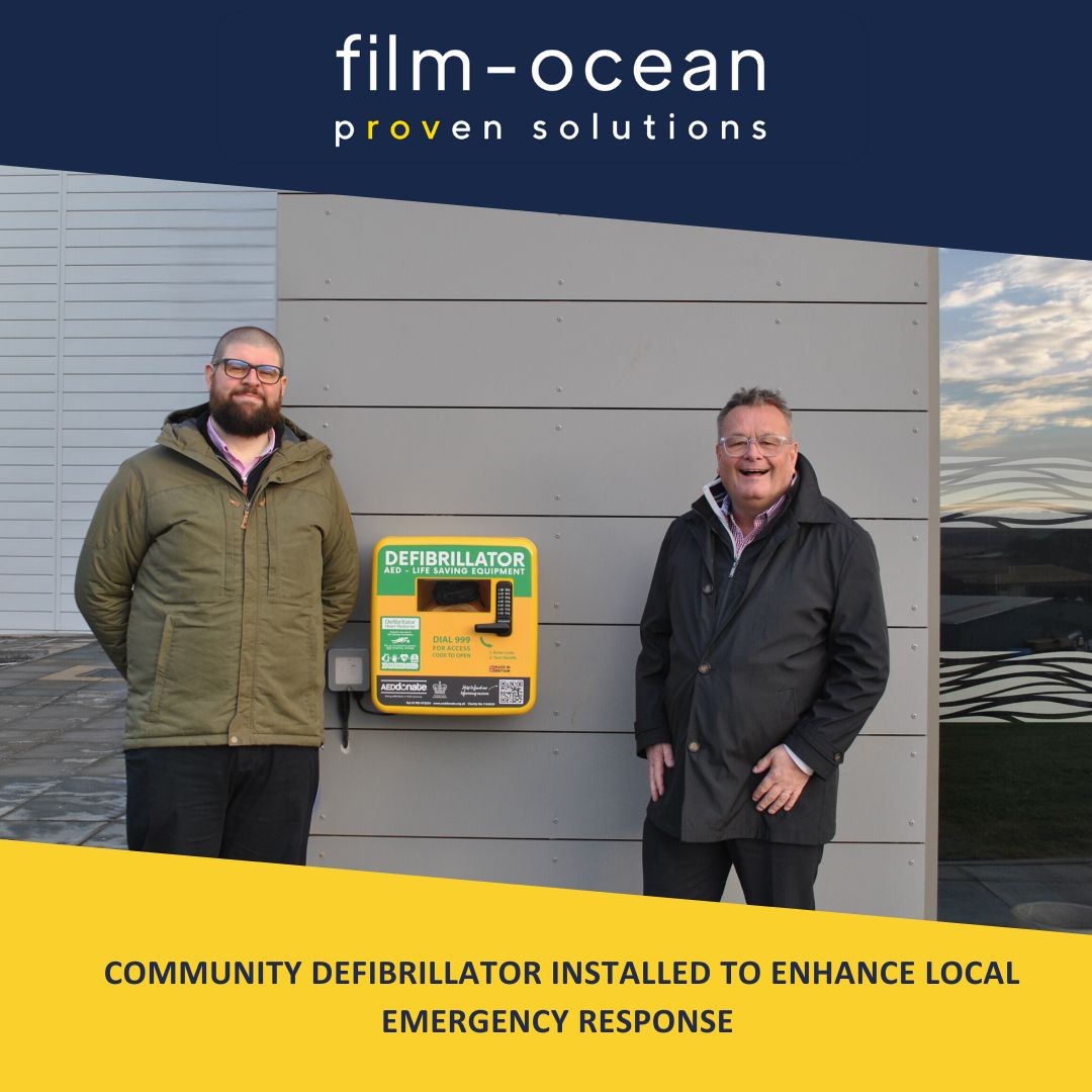 Film-Ocean in Ellon, Aberdeenshire, enhances local emergency readiness by installing a 24/7 accessible defibrillator at Balmacassie Commercial Park. This device is registered with AEDdonate on the National Defibrillator Network, ensuring quick access during cardiac emergencies.