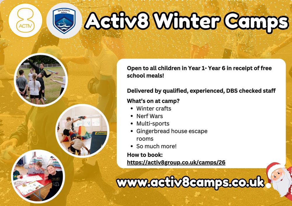 𝑳𝒆𝒈𝒆𝒓 𝑺𝒑𝒐𝒓𝒕 𝒙 𝑨𝒄𝒕𝒊𝒗8
Free winter holiday camps coming this month at Spa Academy Askern.

📆 23 / 24 Dec &amp; 2 / 3 Jan.
🎅🎄 | Festive fun, Nerf wars, Arts &amp; Crafts &amp; more.

For more information &amp; to book, please click the following link:
🔗activ8group.co.uk/camps/26