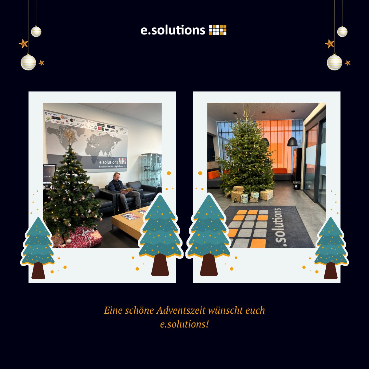 🎄 Weihnachtsstimmung bei e.solutions! 🎄
Unsere Weihnachtsbäume erstrahlen in voller Pracht und bringen festliche Stimmung an unsere Standorte Erlangen und Ingolstadt. Wir freuen uns auf die besinnliche Zeit und wünschen allen eine gemütliche Adventszeit!