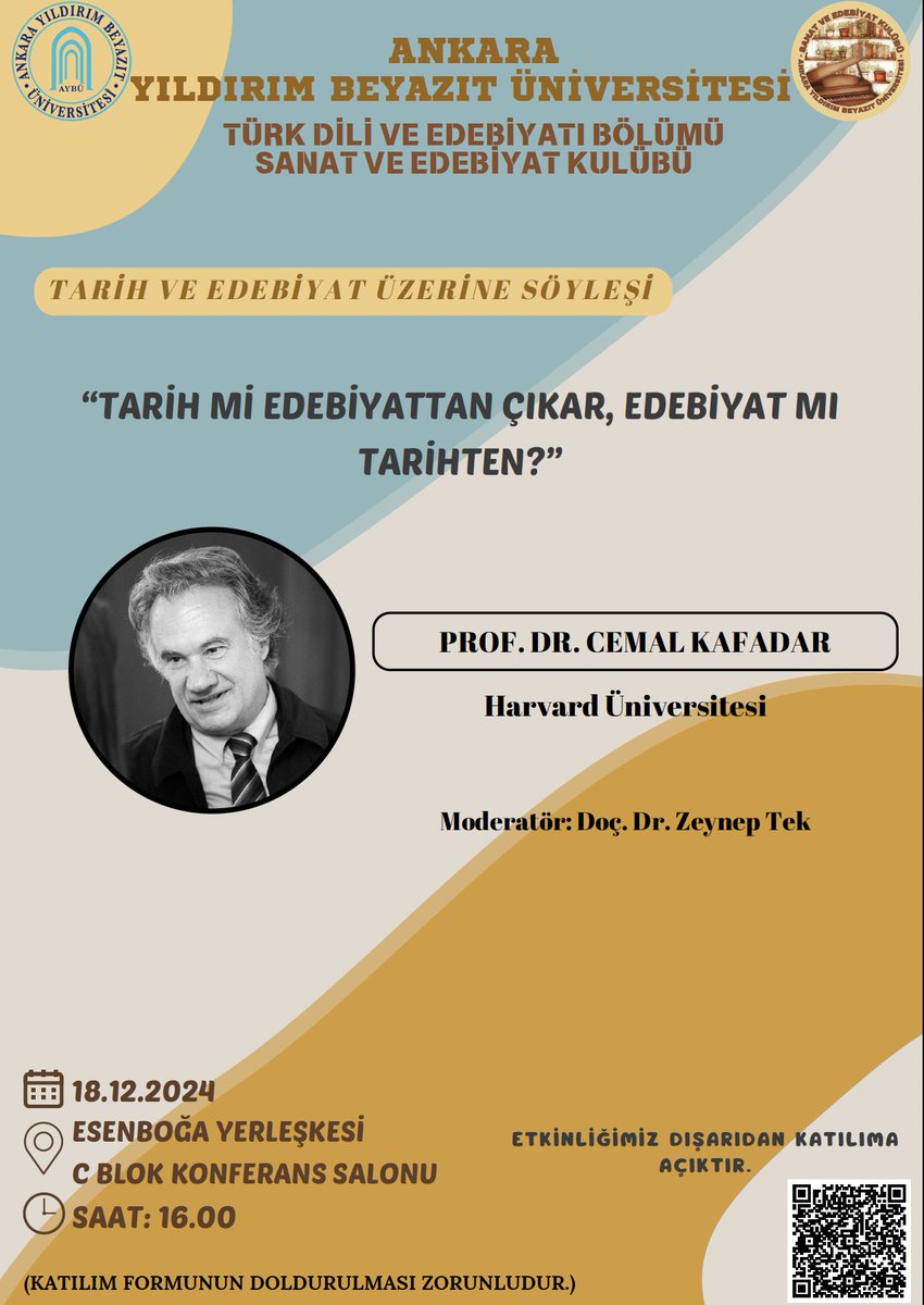Söyleşi Duyurusu: Daha önce ertelenen Cemal Kafadar Hocamızın söyleşisi 18 Aralık 2024 tarihinde gerçekleştirilecektir. Dicle Esen Hanımın iletisinden.