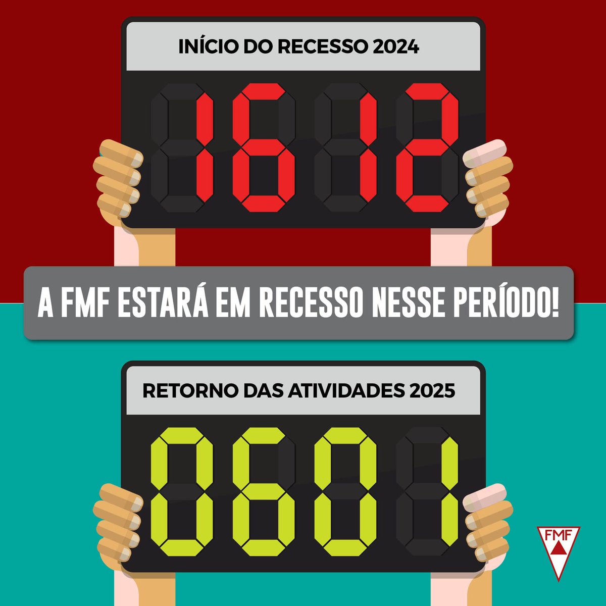 Fim de temporada! ❌

A Federação Mineira de Futebol entrará de recesso para recuperar as energias e voltará no início de janeiro!

Que o 2025 seja de glórias para o futebol mineiro! ⚽🔺

#NósRespiramosFutebol #Recesso
