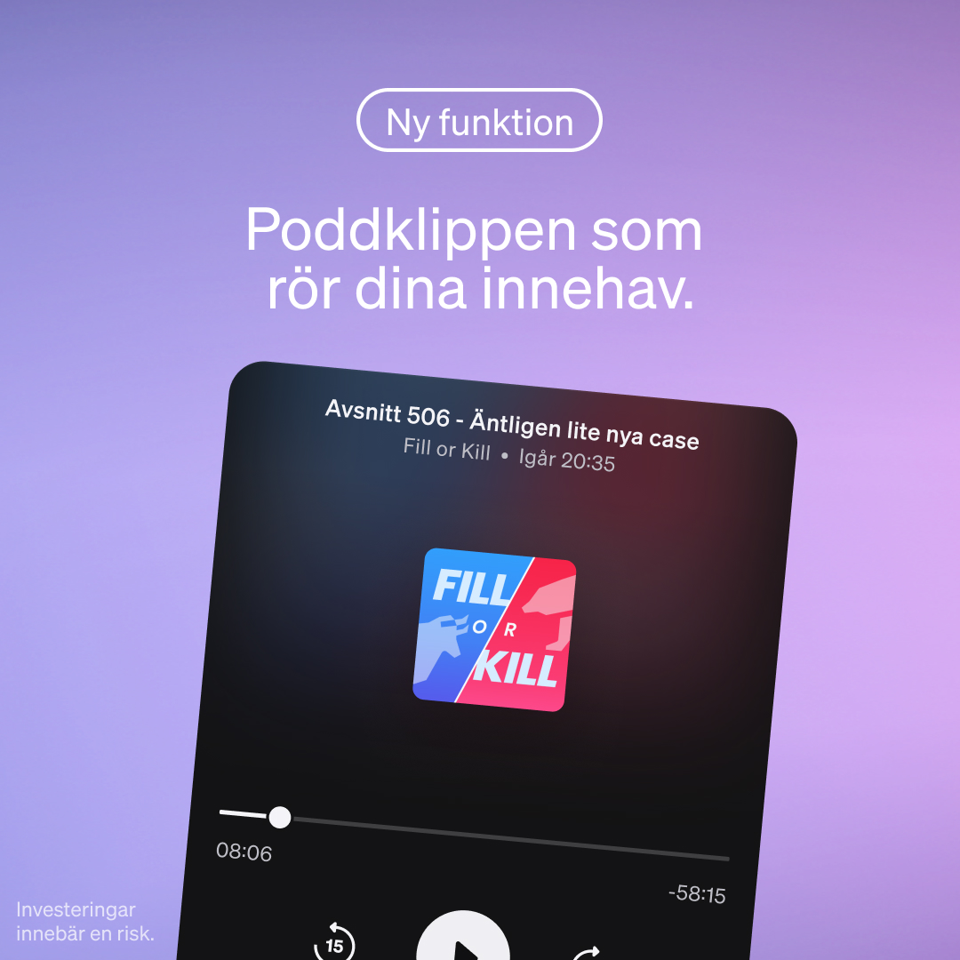 SAVRs nya AI-feature lyssnar själv på finanspoddar, förstår om och vart något av dina innehav nämns, sen ger dig möjlighet att lyssna på segmentet direkt inifrån appen.🔊
För tillfället följer den:
<a href="/FillorKillPod/">Fill or Kill Podden</a>
@borspodden
<a href="/Kvalitetsaktie/">Kvalitetsaktiepodden</a>
<a href="/marketmakerspod/">Market Makers</a>
<a href="/AktiesnackPodd/">Aktiesnack</a>