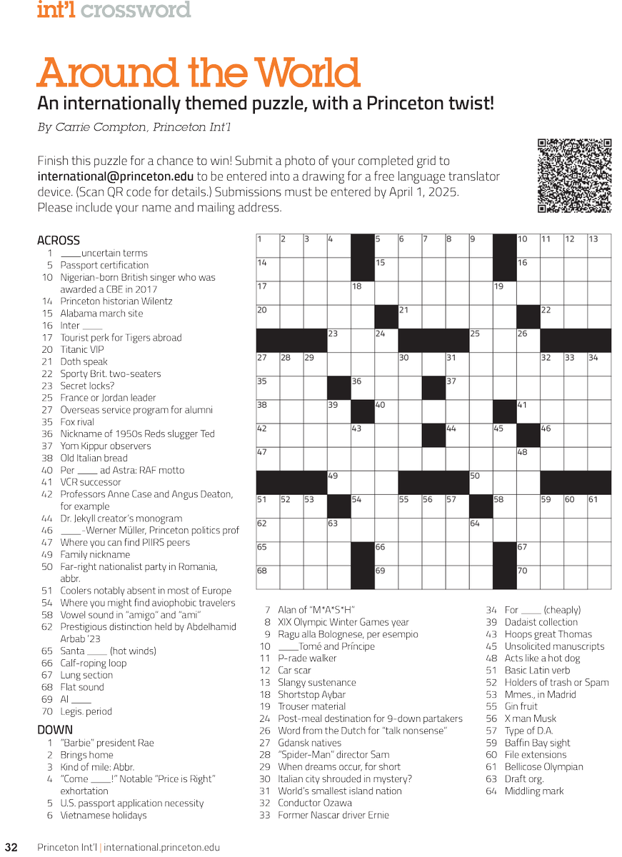 IntlPrinceton's tweet photo. Ready for a trip around the world from your living room? Check out our internationally themed  crossword puzzle; completed grids received by April 15, 2025, will be entered into a contest for a hand-held wifi-free translation device. https://t.co/cmhj5wvlYi. Good luck! https://t.co/iN5kE8KAUn