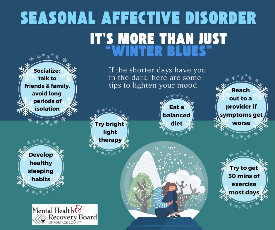 Seasonal Affective Disorder is a type of depression associated with seasonal changes. Although it’s often referred to a “winter blues,” SAD is more than just feeling “down.” The good news is that it is treatable. Consult  your medical professional, or call 988 for local resources